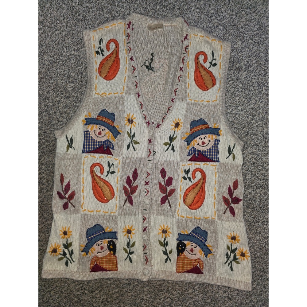 Bobbie Brooks Vintage Fall Sweater Vest Scarecrow Pumpkin Sunflower Knit Tan L